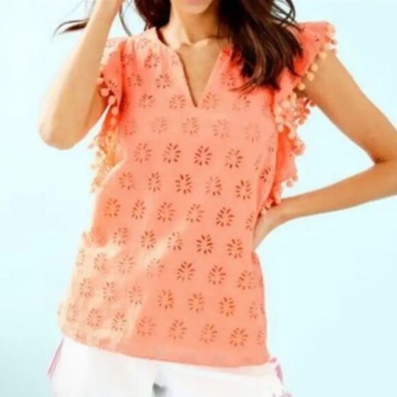 Lilly Pulitzer Astara Pom-pom Top Peach Flamingo size XXS coastal boho resort - Picture 1 of 5